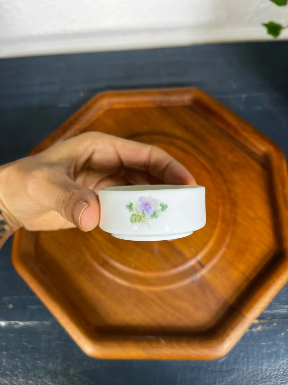 Vintage White Ceramic Trinket Dish with Purple Floral Design